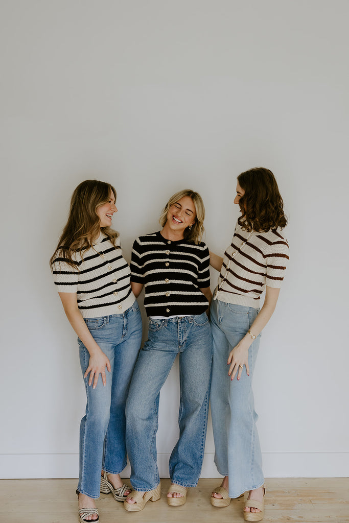 Striped Knit Short Sleeve Cardi - Natural