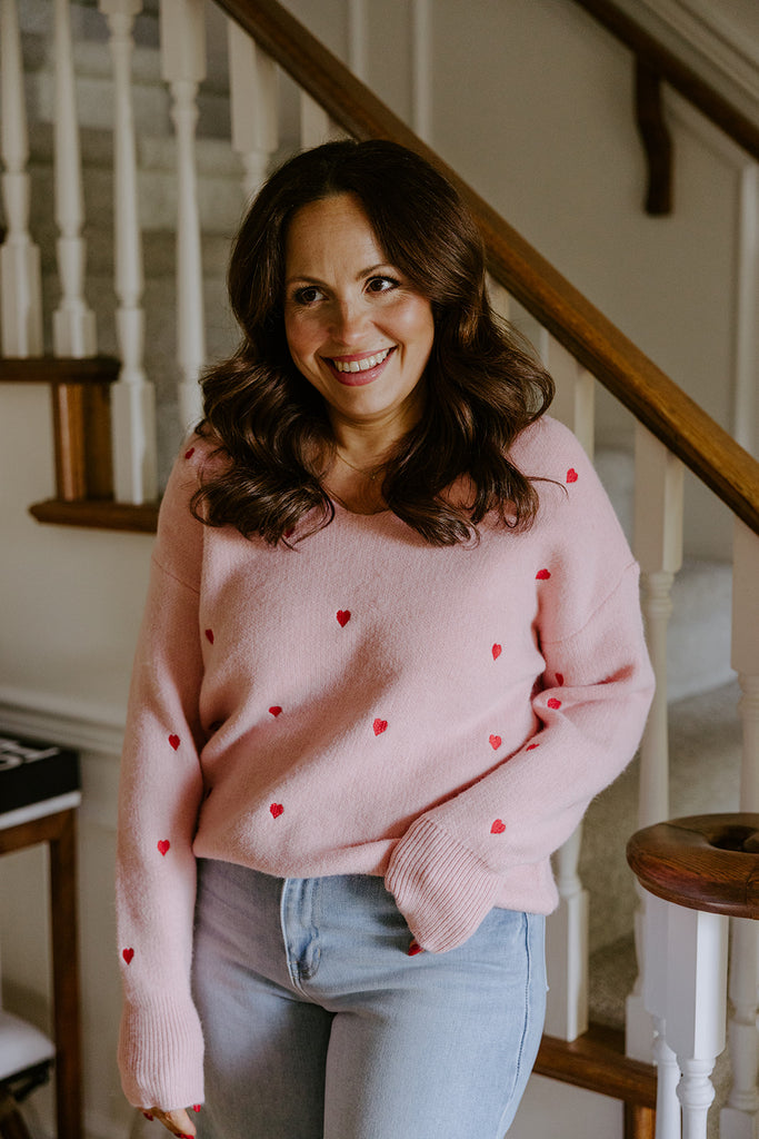 Pink Sweater with Red Hearts