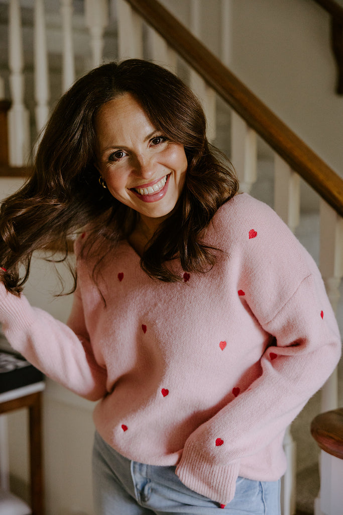 Pink Sweater with Red Hearts