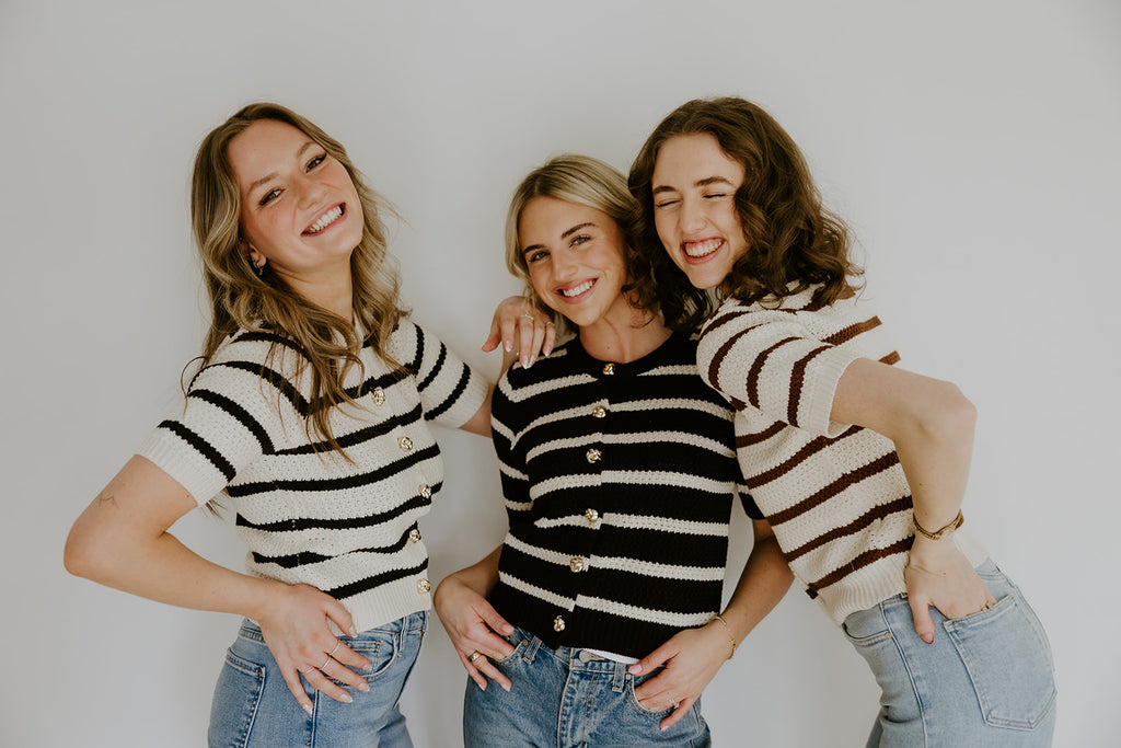 Striped Knit Short Sleeve Cardi - Black