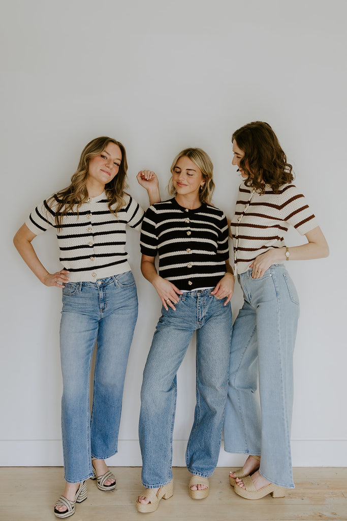 Striped Knit Short Sleeve Cardi - Black