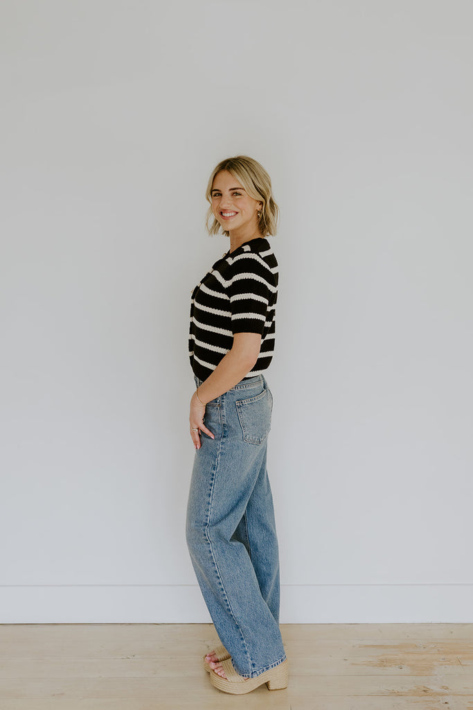 Striped Knit Short Sleeve Cardi - Black