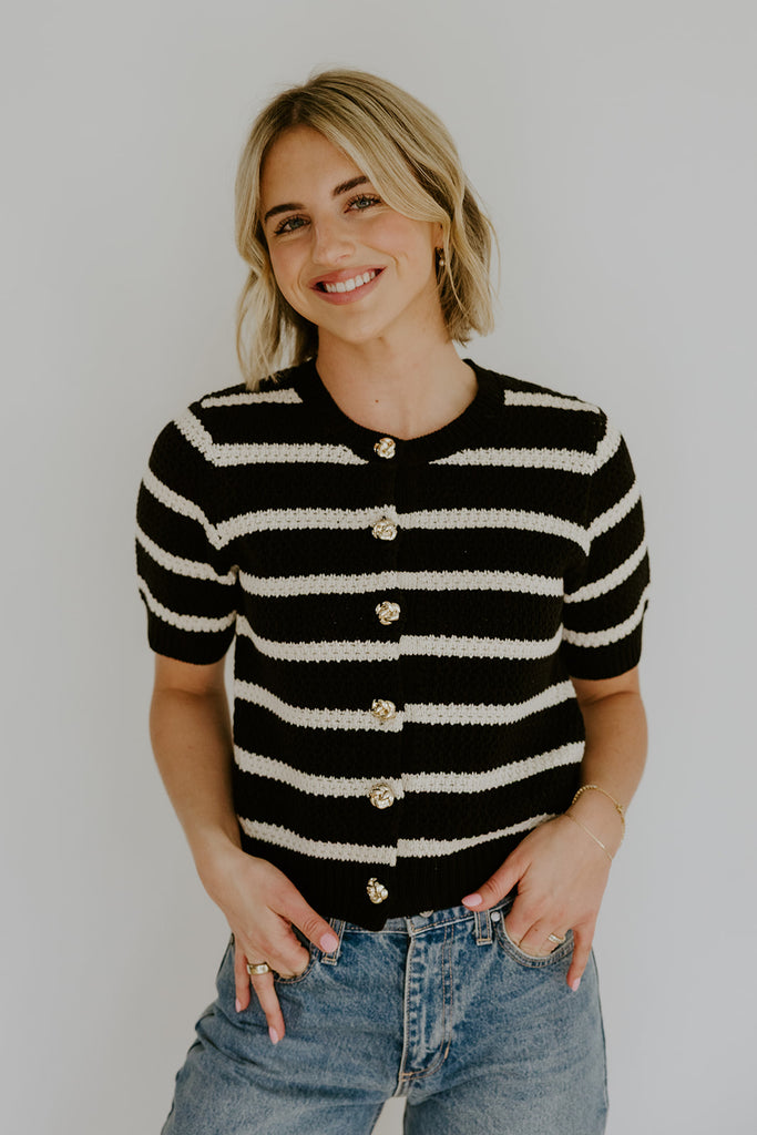 Striped Knit Short Sleeve Cardi - Black