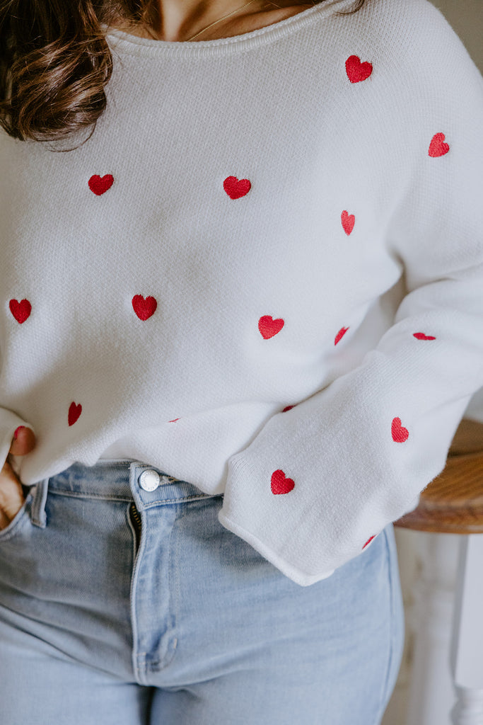 White Sweater with Red Hearts