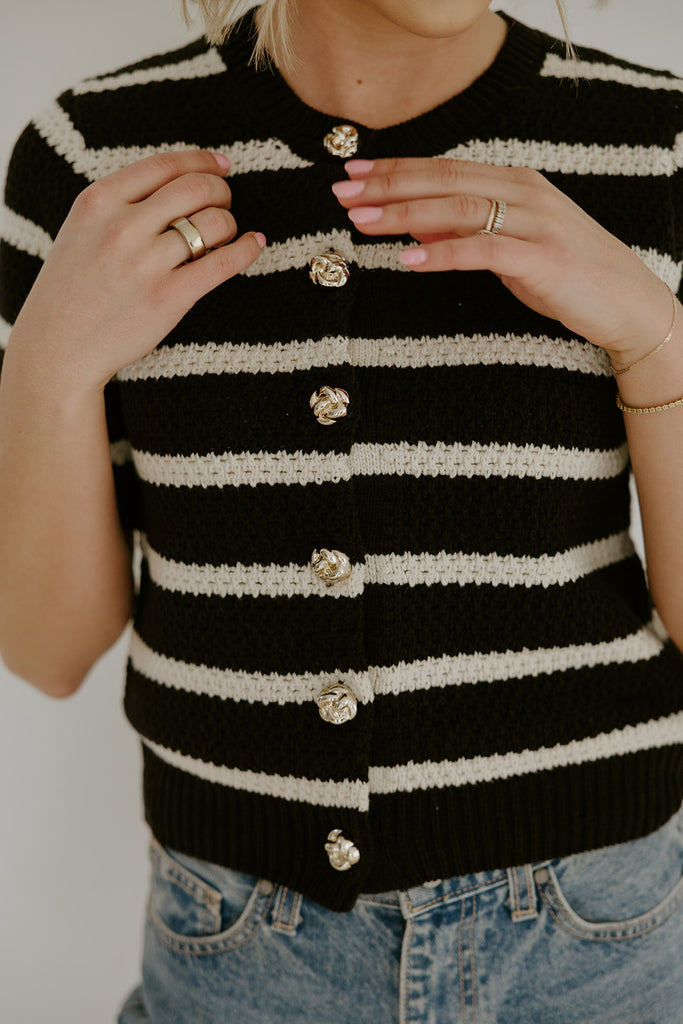 Striped Knit Short Sleeve Cardi - Black
