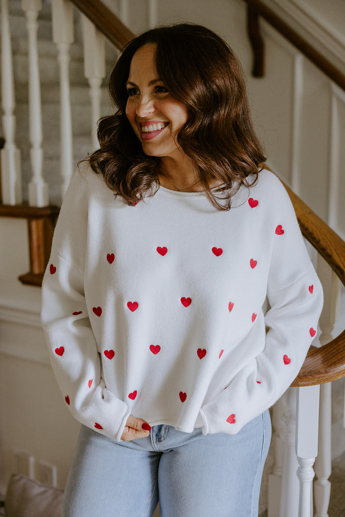 White Sweater with Red Hearts