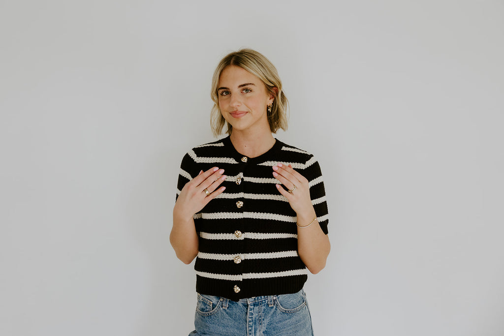 Striped Knit Short Sleeve Cardi - Black