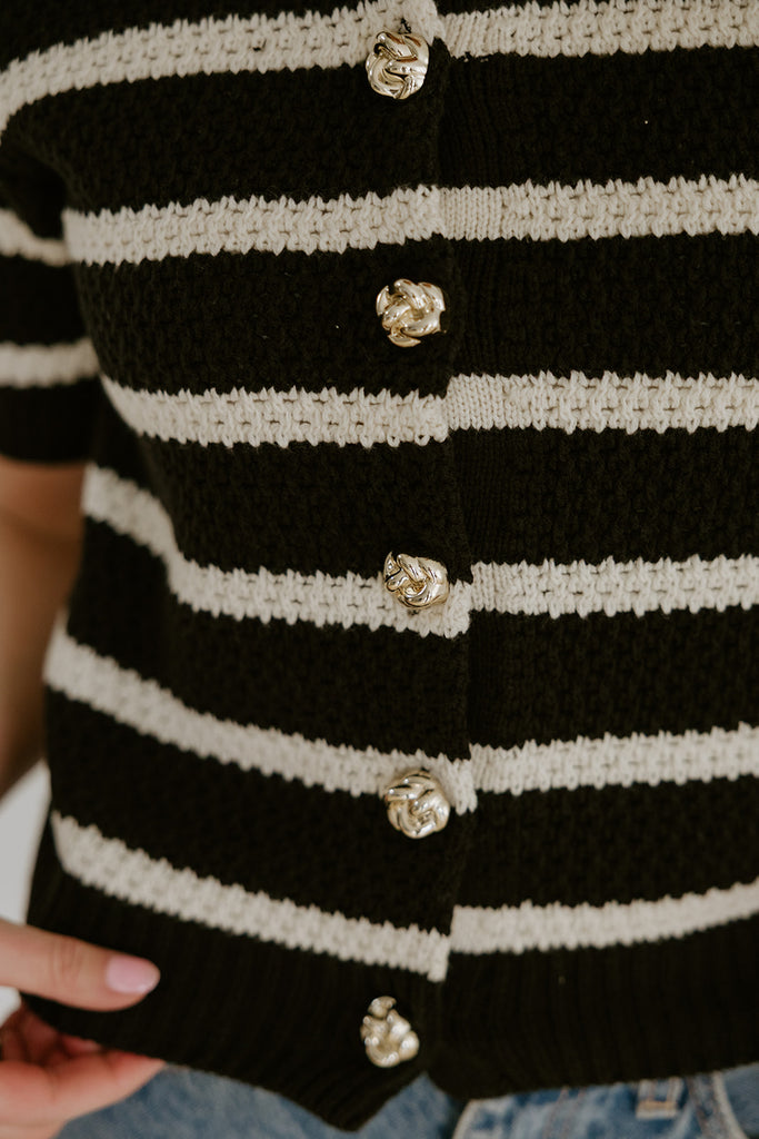 Striped Knit Short Sleeve Cardi - Black