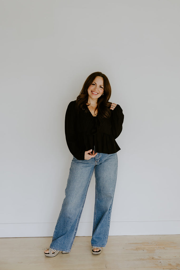 Peplum Front Tie Shirt With Embroidery - Black