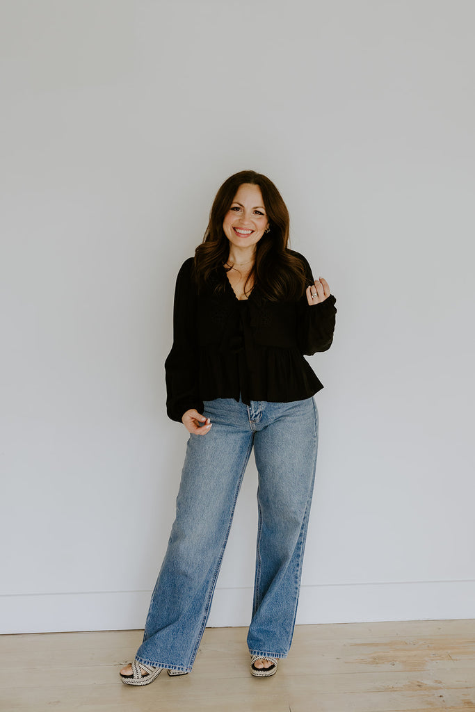 Peplum Front Tie Shirt With Embroidery - Black