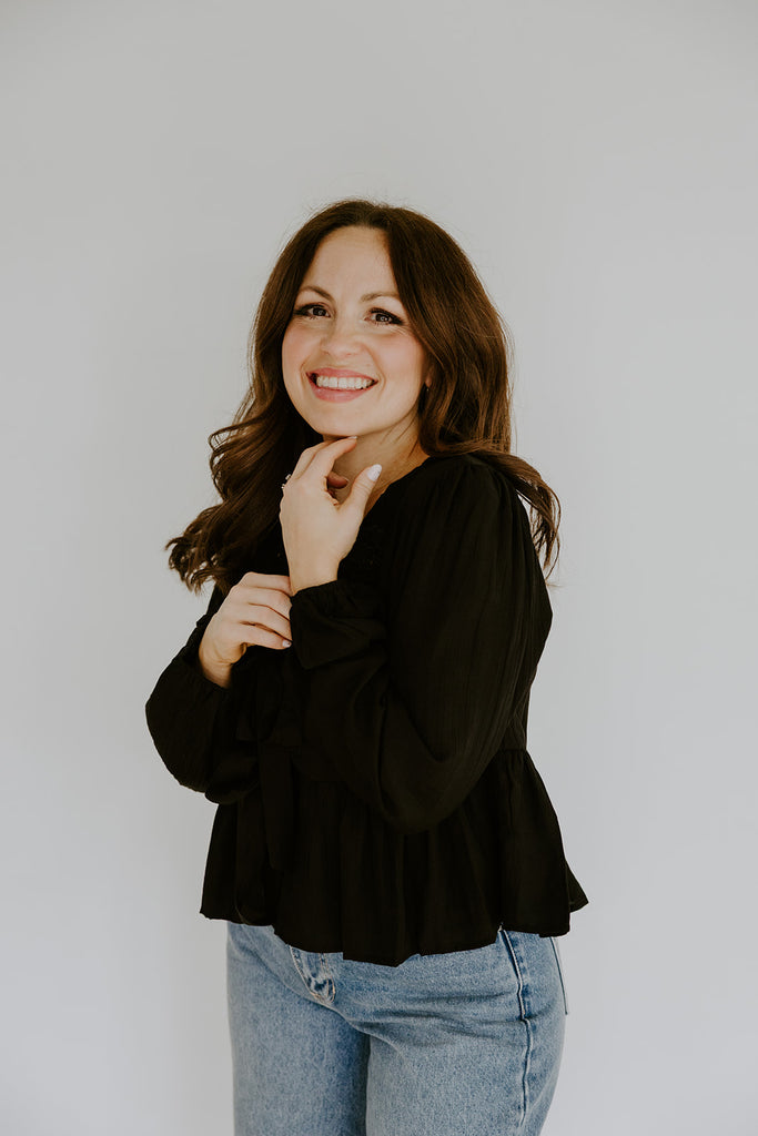 Peplum Front Tie Shirt With Embroidery - Black