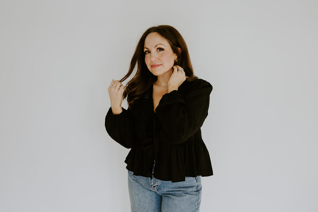 Peplum Front Tie Shirt With Embroidery - Black