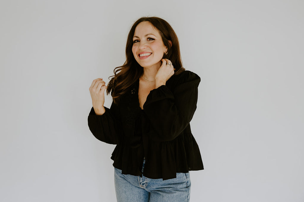 Peplum Front Tie Shirt With Embroidery - Black