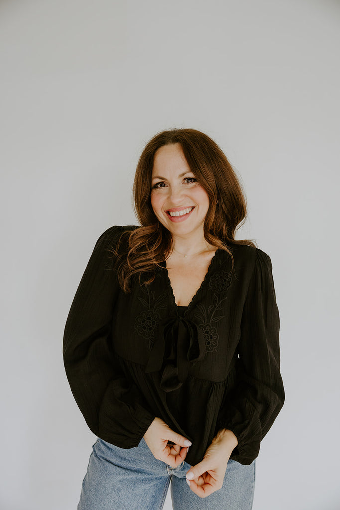 Peplum Front Tie Shirt With Embroidery - Black