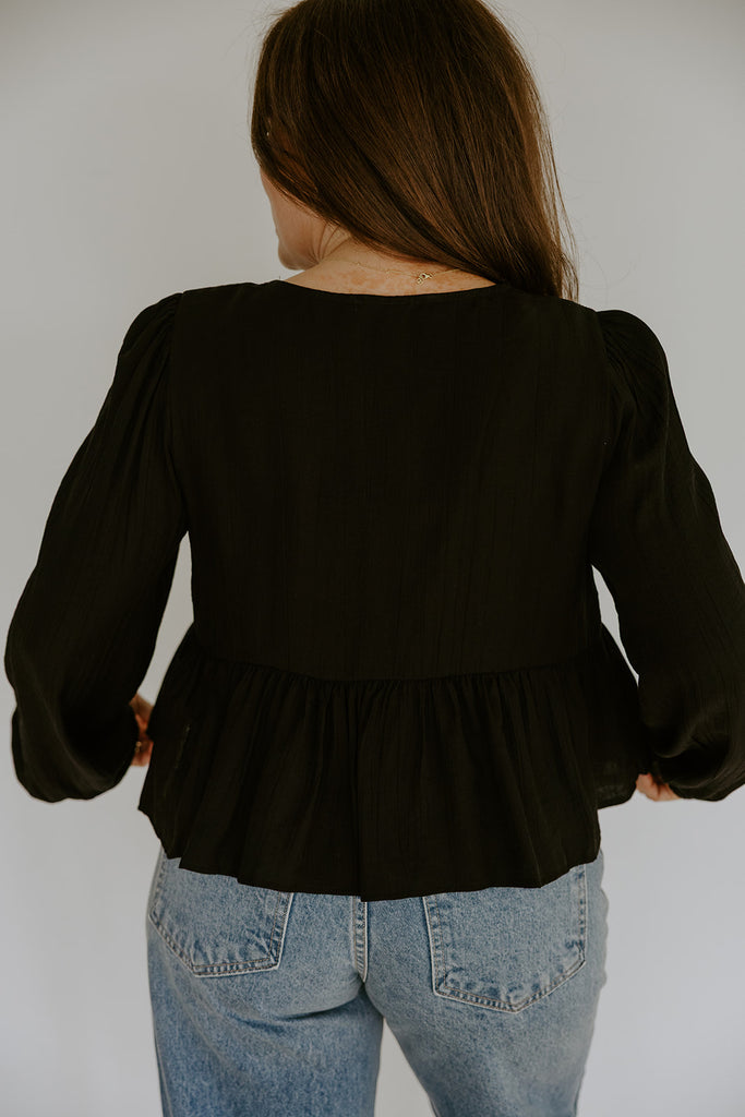 Peplum Front Tie Shirt With Embroidery - Black