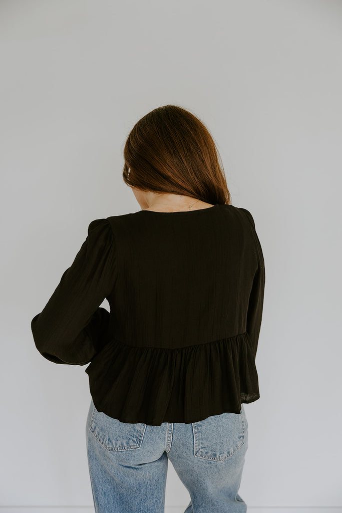 Peplum Front Tie Shirt With Embroidery - Black