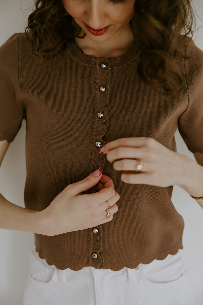 Scalloped Short Sleeve Cardigan - Mocha