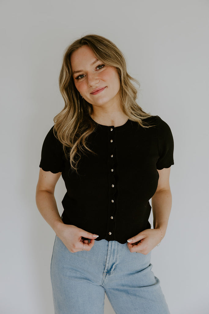 Scalloped Short Sleeve Cardigan - Black
