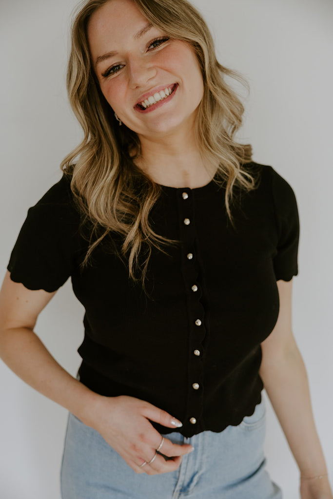 Scalloped Short Sleeve Cardigan - Black