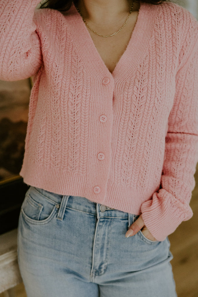 Button Up Cable Knit Cardigan - Pink