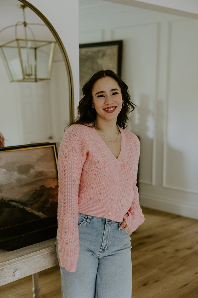 Button Up Cable Knit Cardigan - Pink