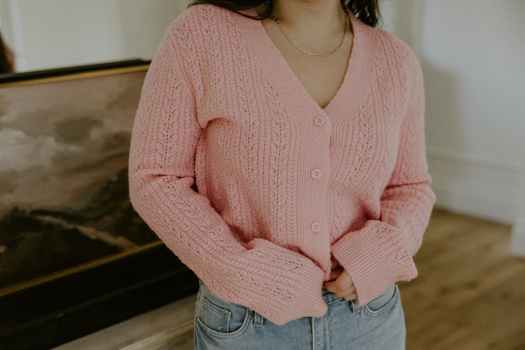 Button Up Cable Knit Cardigan - Pink
