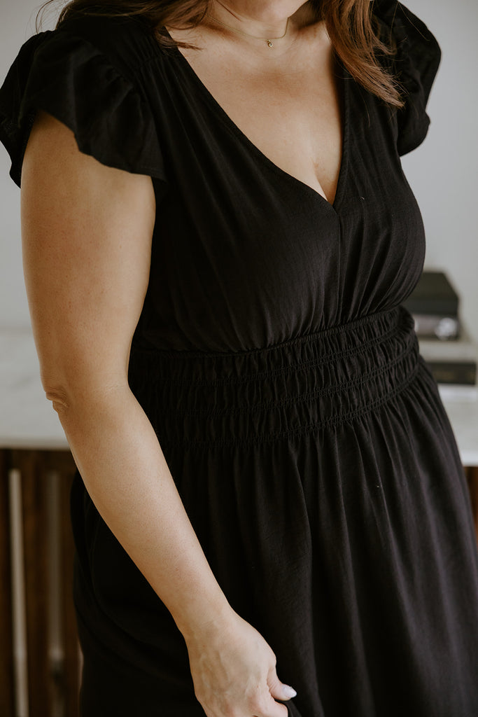 Flutter Sleeve Black Midi Dress