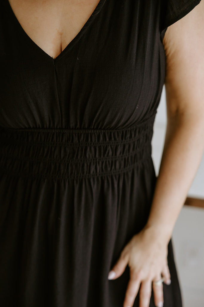 Flutter Sleeve Black Midi Dress
