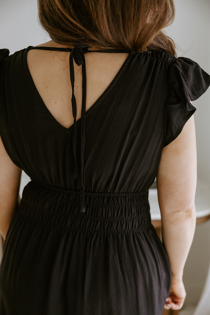 Flutter Sleeve Black Midi Dress