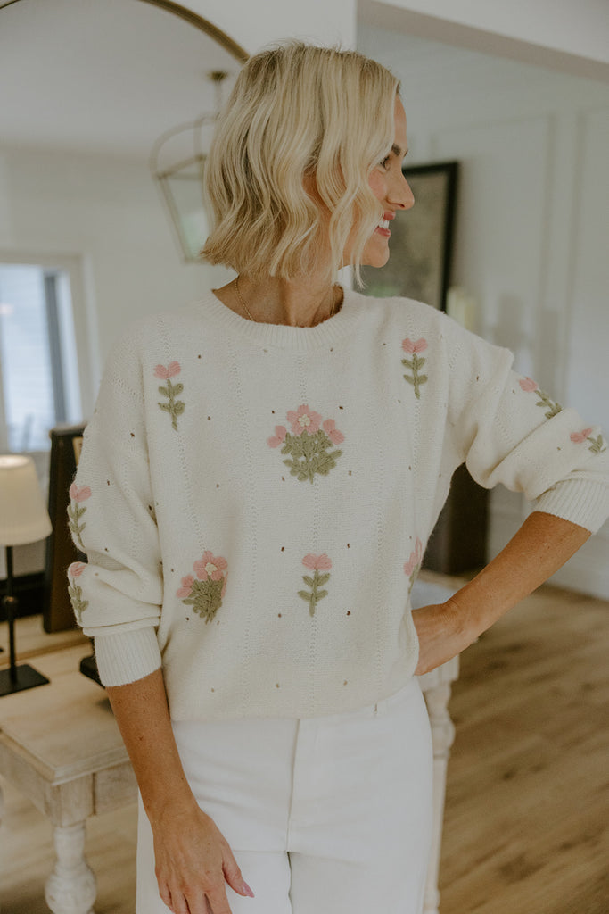 Knit Sweater With Florals - Ivory