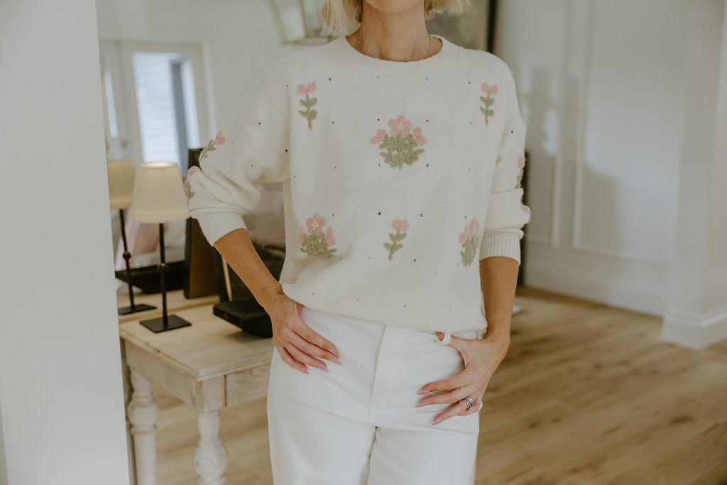Knit Sweater With Florals - Ivory