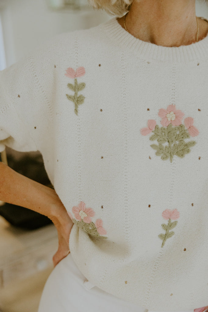 Knit Sweater With Florals - Ivory