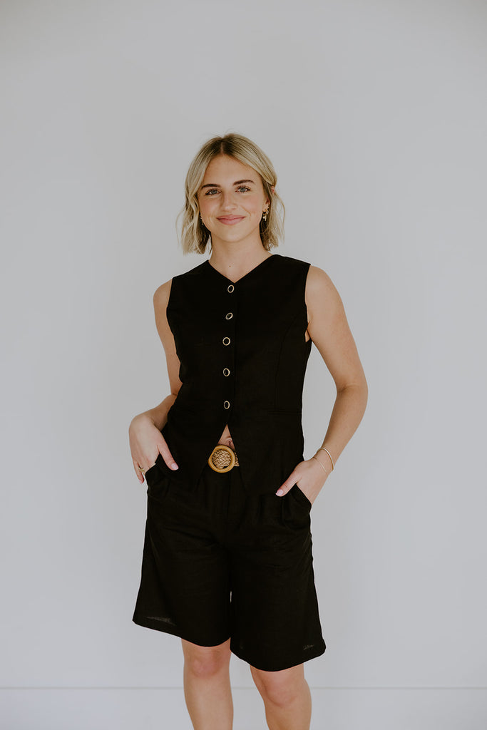 Linen Vest & Shorts Set - Black