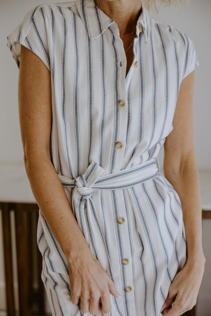 Striped Midi Linen Dress - Blue