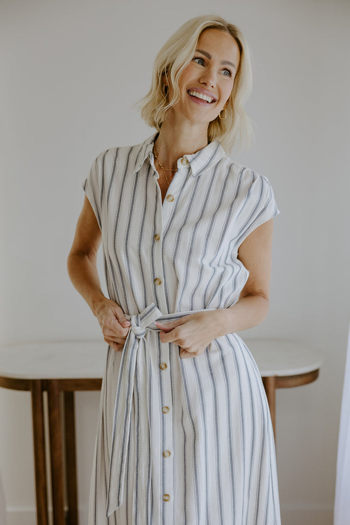 Striped Midi Linen Dress - Blue