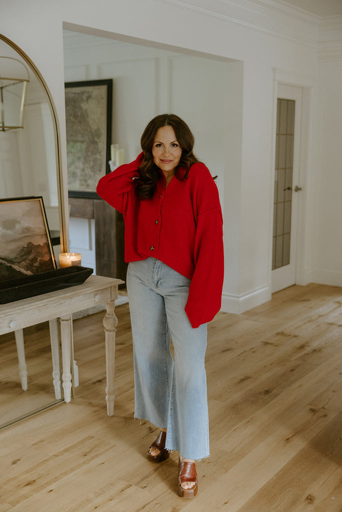 Button Up Cardigan with Exposed Seam - Red