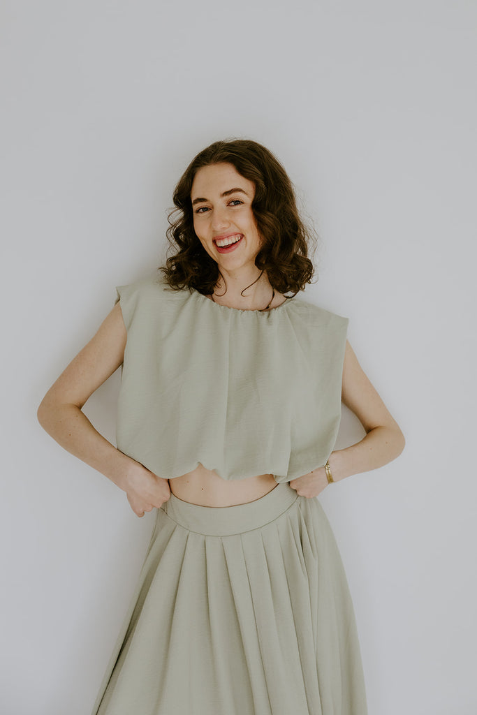 Bubble Top & Flowy Midi Skirt Set - Olive