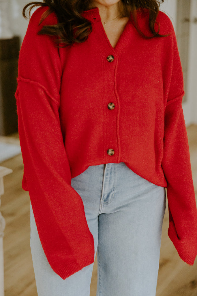 Button Up Cardigan with Exposed Seam - Red