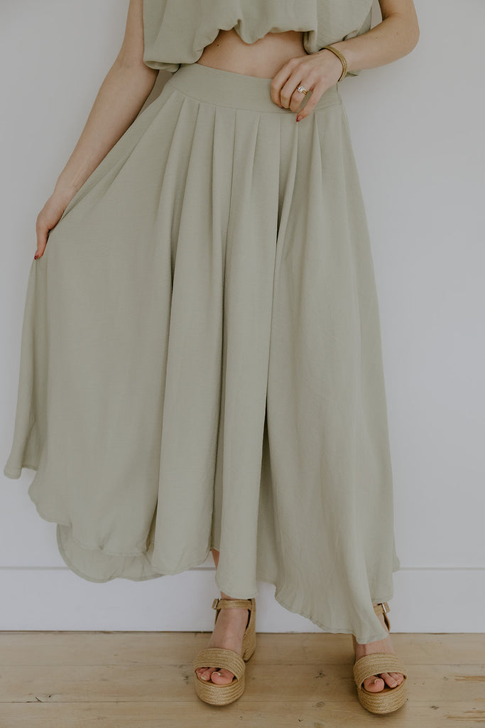 Bubble Top & Flowy Midi Skirt Set - Olive