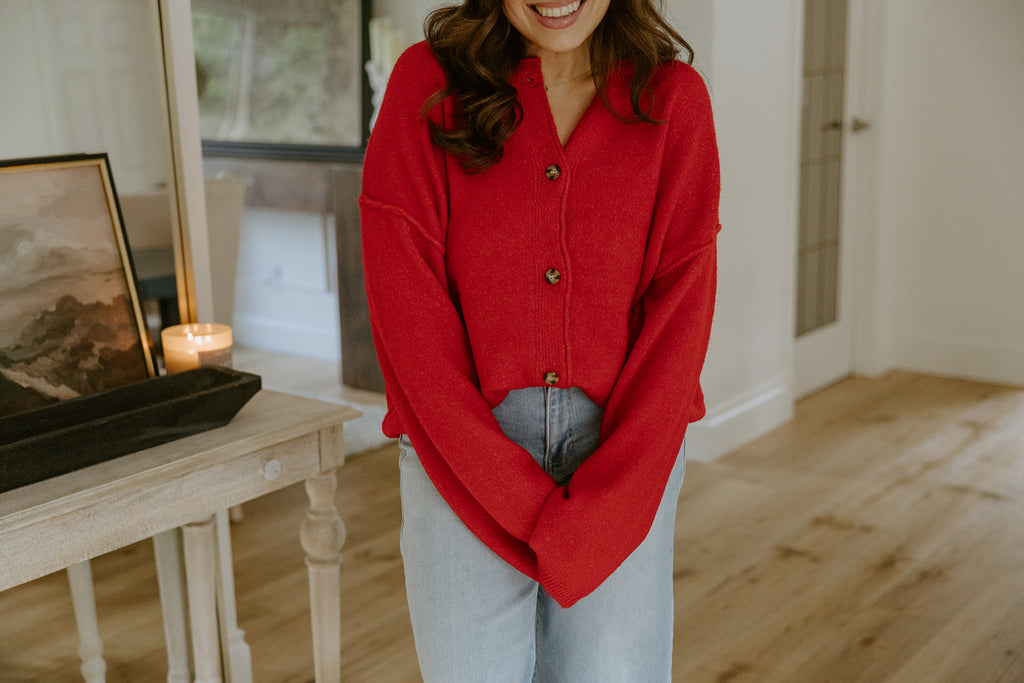 Button Up Cardigan with Exposed Seam - Red