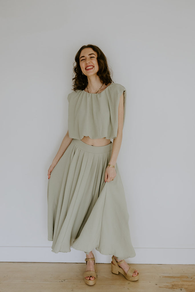 Bubble Top & Flowy Midi Skirt Set - Olive