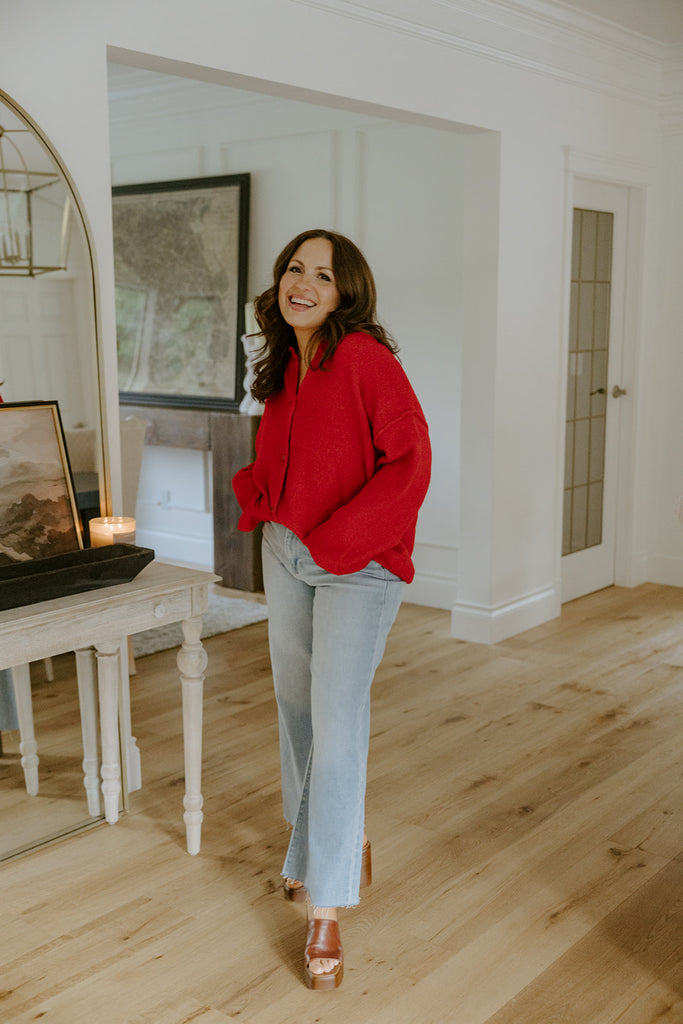 Button Up Cardigan with Exposed Seam - Red