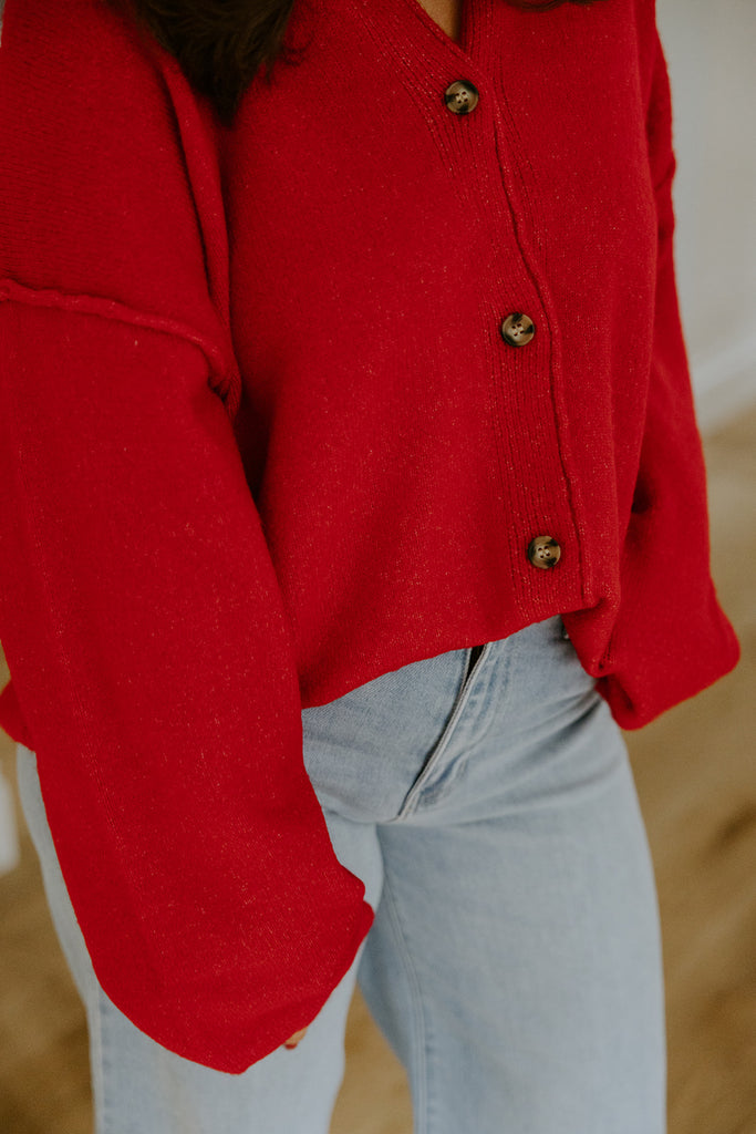 Button Up Cardigan with Exposed Seam - Red