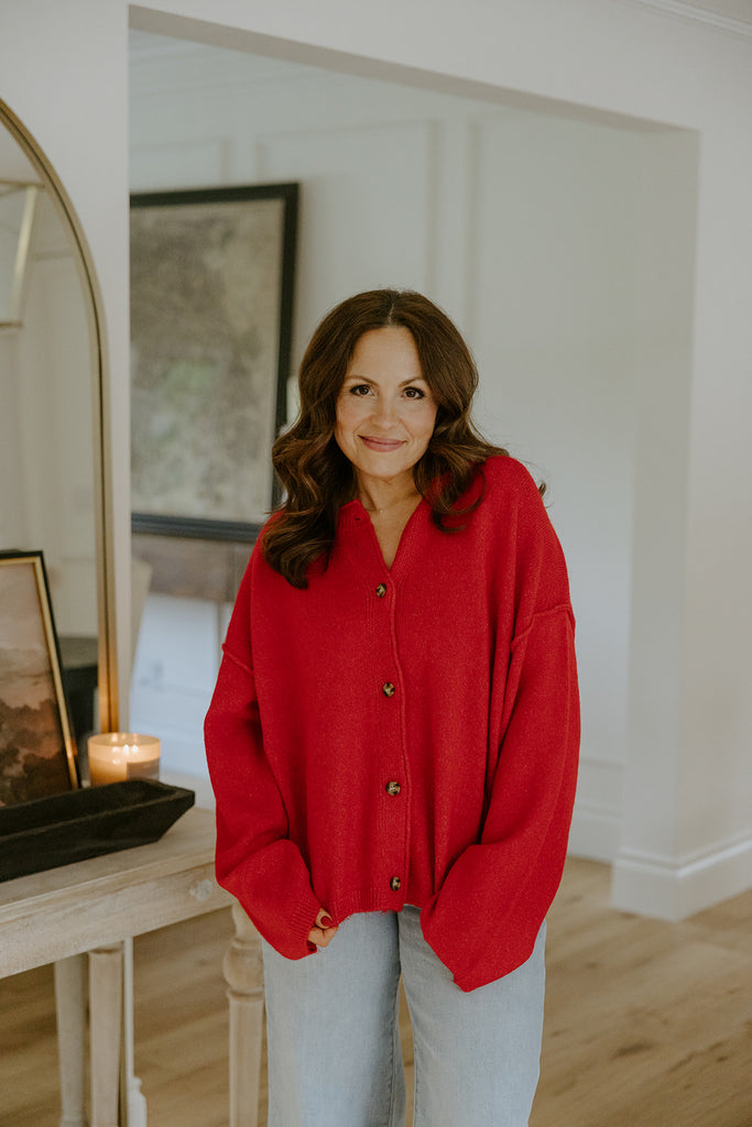 Button Up Cardigan with Exposed Seam - Red