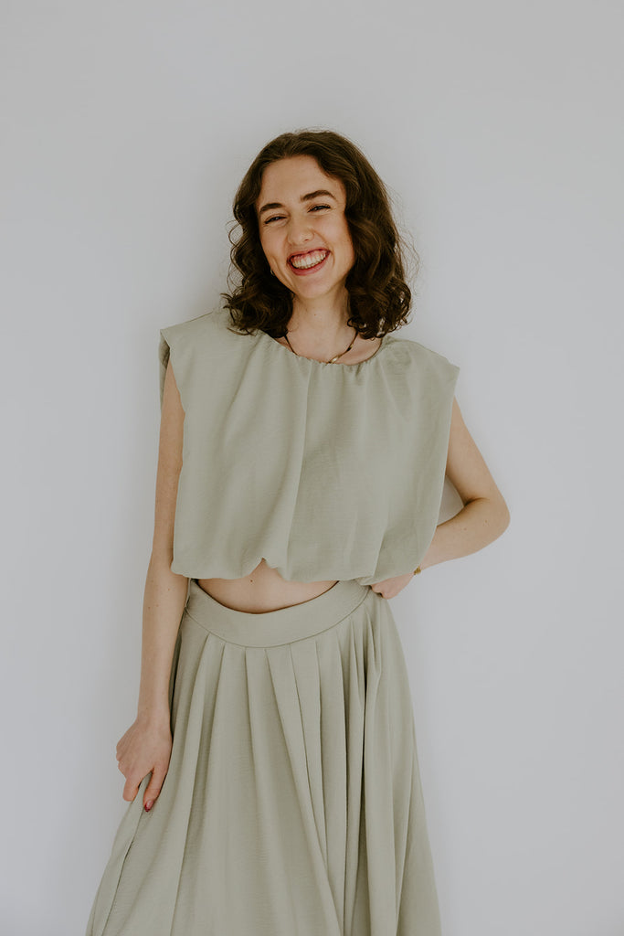 Bubble Top & Flowy Midi Skirt Set - Olive