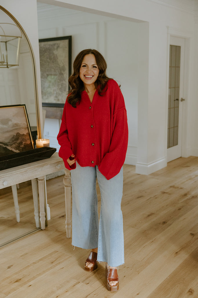Button Up Cardigan with Exposed Seam - Red