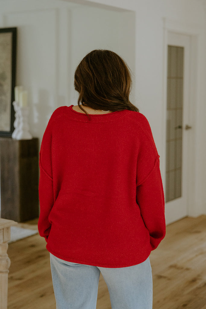 Button Up Cardigan with Exposed Seam - Red