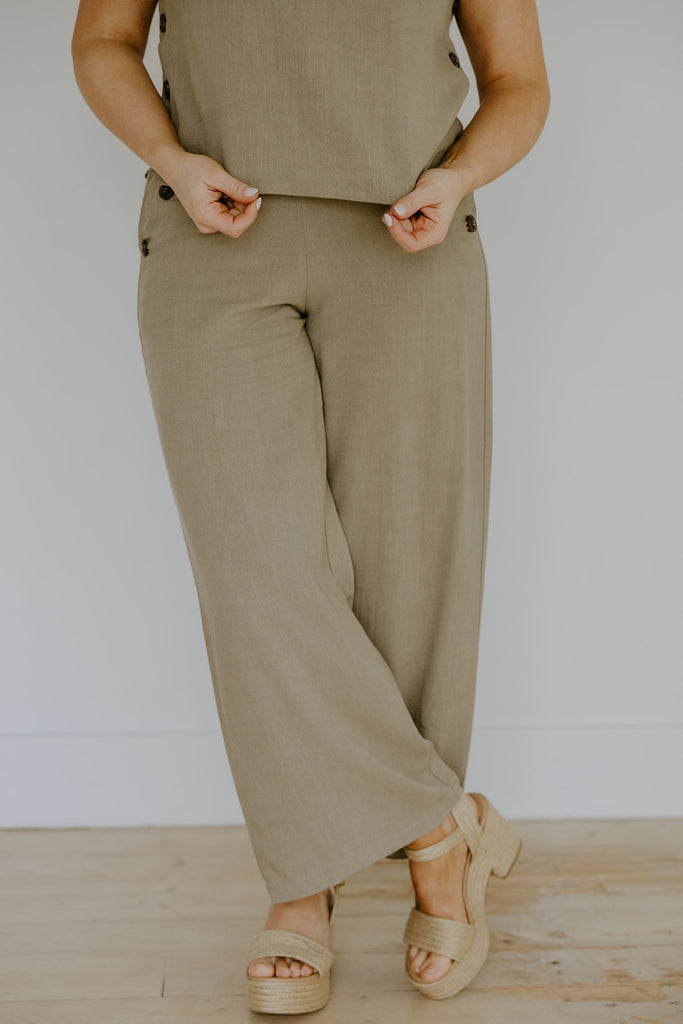 Linen Side Button Up Top & Pant Set - Olive