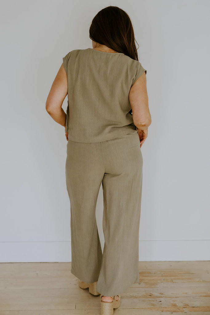 Linen Side Button Up Top & Pant Set - Olive