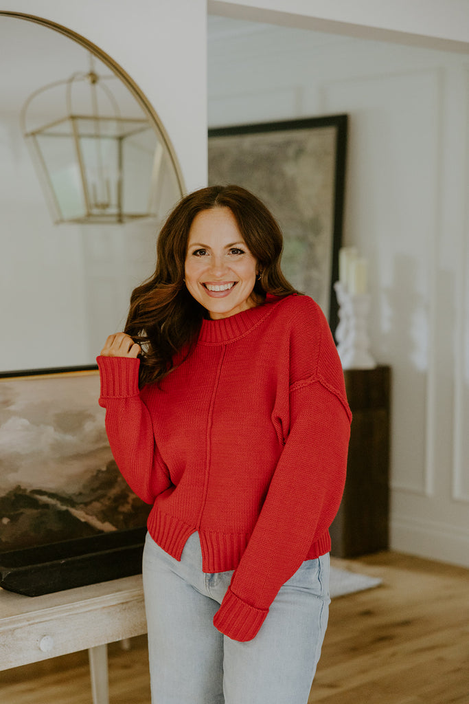 Exposed Seam Sweater with Front Seam - Red